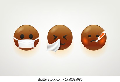 Brown Faces With Termometer And Handkerchief Vector Pack. Illness