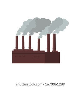 Brown Factory Building With Grey Chimney Smoke - Air And Environment Pollution By Industrial Manufacturing, Flat Cartoon Isolated Vector Illustration On White Background