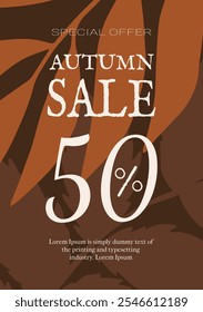 Plantilla de fondo de la venta de la caída de Brown, cartel, Anuncio, volante. Elegante cartel de otoño de Vertical con hojas en tonos marrones. Plantilla para publicidad, Web, redes sociales, ventas, ofertas.