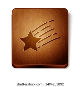 Brown Falling star icon isolated on white background. Shooting star with star trail. Meteoroid, meteorite, comet, asteroid, star icon. Wooden square button. Vector Illustration