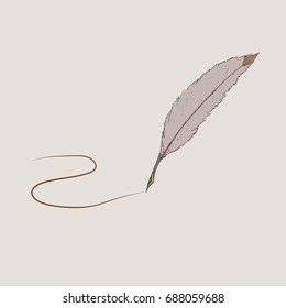 Brown feather with a metal tip in retro style on a beige background with a drawn out stroke. The image can be an illustration for literature, an independent icon or part of the composition