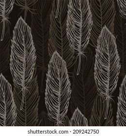 Brown feather outline seamless pattern, vector background