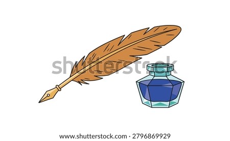 Brown feather quill pen resting next to glass blue inkwell for vintage writing tools used in classic literature and historical correspondence.