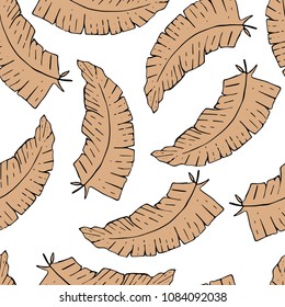 Brown feathers on white background seamless pattern