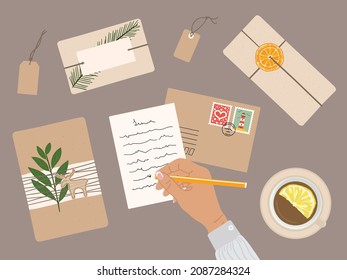 Brown female hand write greeting card with gift boxes wrapped into kraft paper and twine ribbon, green branch, mail. Eco Christmas and New Year preparation. Hand drawn vector illustration