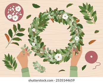 Braune weibliche Hände machen Hochzeitskranz in floristischen Werkstatt mit umweltfreundlichen Materialien. Magnolie, Eukalyptus, Lorbeerblätter und Anemonenblumen. Floristin bei der Arbeit. Handgezeichnete Vektorgrafik