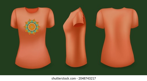 Brown female t shirt with mandala. Front, back and side view. Vector