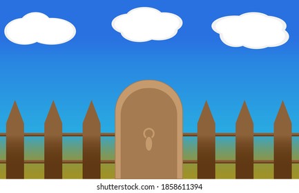 Brown fence with large door and clouds in the sky on shades of blue and yellow background