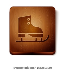 Brown Figure skates icon isolated on white background. Ice skate shoes icon. Sport boots with blades. Wooden square button. Vector Illustration