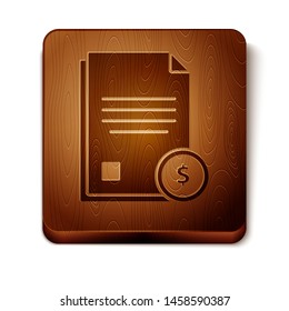 Brown Finance document icon isolated on white background. Paper bank document with dollar coin for invoice or bill concept. Wooden square button. Vector Illustration