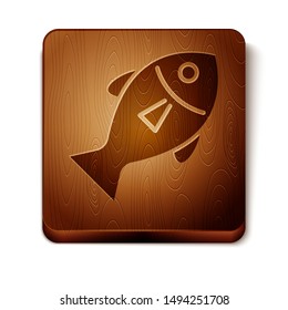 Brown Fish icon isolated on white background. Wooden square button. Vector Illustration