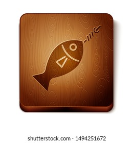 Brown Fish on hook icon isolated on white background. Wooden square button. Vector Illustration