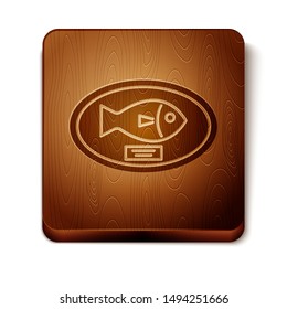 Brown Fish trophy hanging on the board icon isolated on white background. Fishing trophy on wall. Wooden square button. Vector Illustration