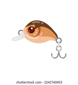Brown fishing bait in shape of fish cartoon illustration. Cartoon drawing of fishing lure with hook, jig in shape of fish isolated on white background. Sport, hobby, gear, recreation concept