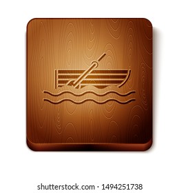 Brown Fishing boat with oars on water icon isolated on white background. Wooden square button. Vector Illustration