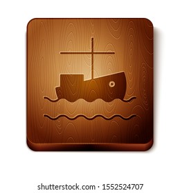Brown Fishing boat on water icon isolated on white background. Wooden square button. Vector Illustration
