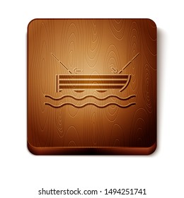 Brown Fishing boat with fishing rod on water icon isolated on white background. Wooden square button. Vector Illustration