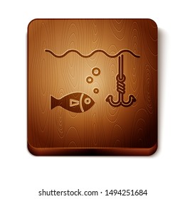 Brown Fishing hook under water with fish icon isolated on white background. Fishing tackle. Wooden square button. Vector Illustration