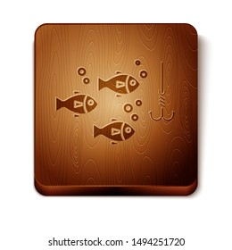 Brown Fishing hook under water with fish icon isolated on white background. Fishing tackle. Wooden square button. Vector Illustration