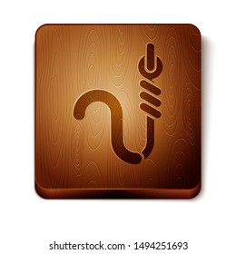 Brown Fishing hook and worm icon isolated on white background. Fishing tackle. Wooden square button. Vector Illustration