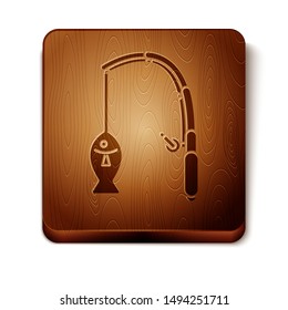 Brown Fishing rod and fish icon isolated on white background. Fishing equipment and fish farming topics. Wooden square button. Vector Illustration