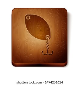 Brown Fishing spoon icon isolated on white background. Fishing baits in shape of fish. Fishing tackle. Wooden square button. Vector Illustration
