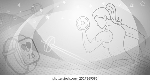 Brown fitness com tema de fundo. Ilustração com uma figura feminina envolvida no levantamento de peso, com vários itens relacionados à aptidão física, como halteres, um sino de barra e um monitor de frequência cardíaca.