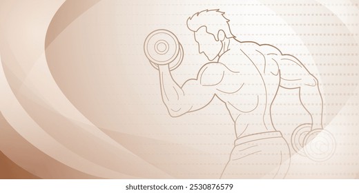 Fondo temático de fitness marrón. Ilustración estilizada de un hombre levantando pesas, con el fondo con Formas abstractas y patrones que le dan una sensación dinámica.