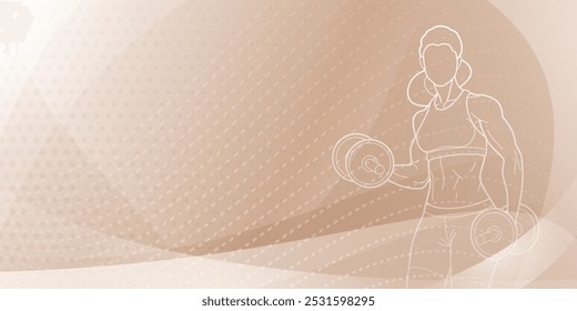 Brown fitness themed background. Stylized silhouette of a woman, holding what appears to be a dumbbell or weight, set against a textured background with abstract shapes and lines.