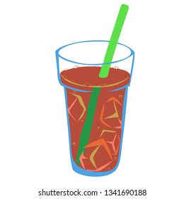 Brown fizzy lemonade in the glass with straw isolated on white background.