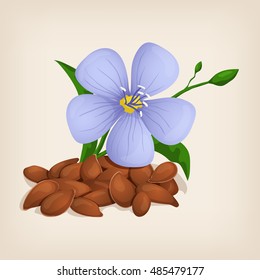 Brown flax seeds with flowers and leaves. Vector illustration.