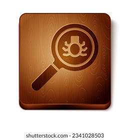 Icono de búsqueda de pulgas marrón aislado en fondo blanco. Botón cuadrado de madera. Vector