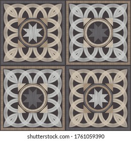 Brown floor with wooden texture. Netting. Ethnic boho ornament. Geometry. Seamless pattern. Vector illustration for web design or print.