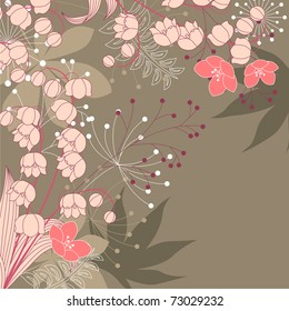 Brown floral background with contour flowers and plants