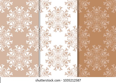 Brown floral backgrounds. Set of seamless patterns for textile and wallpapers