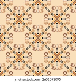 Brown floral ponto-cruz étnico boho padrão sem costura. Padrão tribal. Bordado ucraniano. Padrão de pixel para papel de parede, bordas elaboradas, tapeçaria, tapetes, cortinas e têxteis.