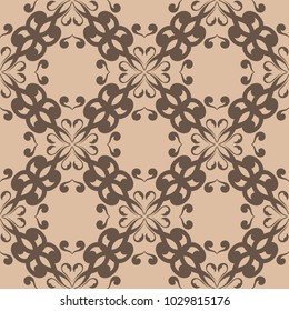 Brown floral ornament on beige background. Seamless pattern for textile and wallpapers