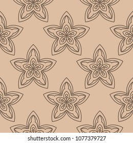 Brown floral ornament on beige background. Seamless pattern for textile and wallpapers