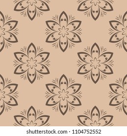 Brown floral ornament on beige background. Seamless pattern for textile and wallpapers