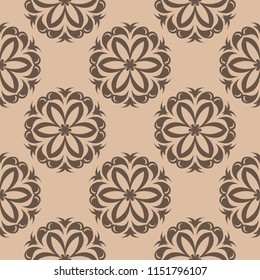 Brown floral ornament on beige background. Seamless pattern for textile and wallpapers