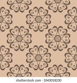 Brown floral ornamental design on beige background. Seamless pattern for textile and wallpapers