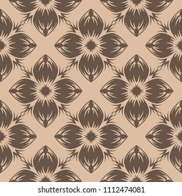 Brown floral ornamental design on beige background. Seamless pattern for textile and wallpapers