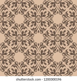 Brown floral ornamental design on beige background. Seamless pattern for textile and wallpapers
