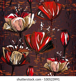 Brown floral pattern. Chocolate seamless backdrop with tulips