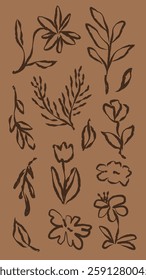 Brown floral pattern with various flowers and leaves. Floral elements in brown create a natural, earthy design. Brown flowers and leaves on a brown background. Hand drawn botanical vector set.