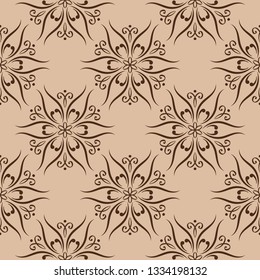 Brown floral seamless pattern. Flower design on beige background