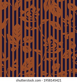 Brown Floral tropical botanical seamless pattern with striped background for fashion textiles and graphics