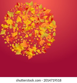 Brown Floral Vector Red Background. Shape Leaf Design. Golden Realistic Leaves Frame. October Card.