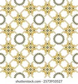 Brown flower and circle ikat seamless pattern with decorative elements. Can be used for wallpaper, pattern fills, ceramic pottery, tiles, backgrounds, and surface textures.
