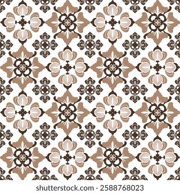 Brown flower damask seamless pattern with decorative elements. Design for wallpaper, pattern fills, web page background, rugs, sarees, curtains, tiles, and pottery. Baroque style.